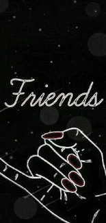 Minimalist line art of hand with 'Friends' text on black background.