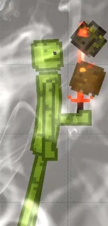 Green stick character juggling pixelated solids.