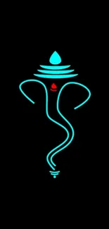 Minimalist Ganesha design on black background with turquoise lines.