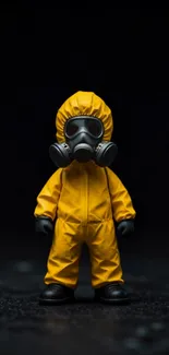 Character in yellow hazmat suit with gas mask on dark background.