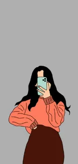 Minimalist illustration of a girl holding a smartphone with a gray background.