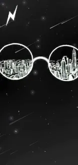 Minimalist glasses reflecting a cityscape on a black background.