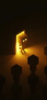 Abstract cubic figures with glowing doorway in a dark minimalist design.