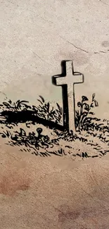 Minimalist grave sketch wallpaper with cross on a textured background.