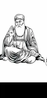 Line art of a serene Guru in monochrome for mobile wallpaper.