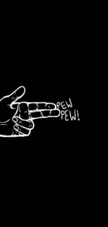 Minimalist hand gesture with text 'pew pew' on black background.