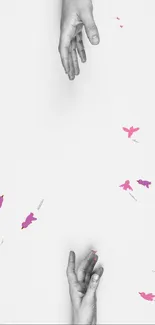 Minimalist wallpaper with hands and pink birds on white.