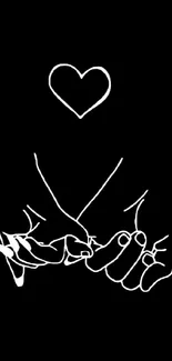 Minimalistic line art of hands and heart on black background wallpaper.