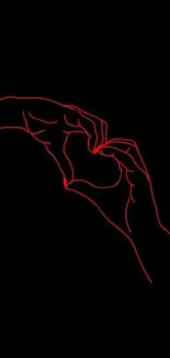 Minimalist red line art of hands forming a heart on black background wallpaper.