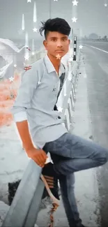 Young man with dove on a highway.