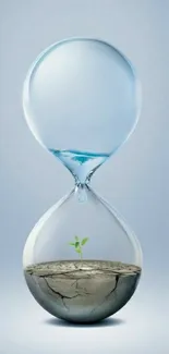 Hourglass with plant sprout inside symbolizes time and growth on a blue background.