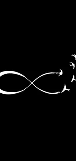 Minimalist infinity symbol with birds on black background wallpaper.