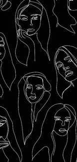 Minimalist line art wallpaper of female portraits on a black background.