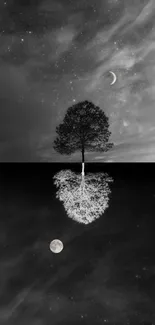 Monochrome tree wallpaper with reflection and moon.