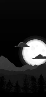 Minimalist grayscale wallpaper of moonlit mountains and trees.