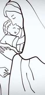 Minimalist line art of a mother holding a child in gentle embrace.