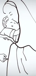 Simple line art of a mother holding child, white background.