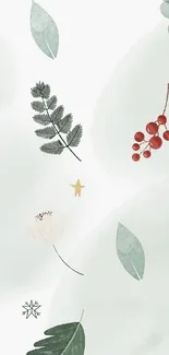 Minimalist nature wallpaper with leaves and berries on white.