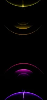 Minimalist neon abstract wallpaper with colorful arcs on black background.