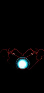 Minimalist neon tech wallpaper with an arc reactor glow on a black background.