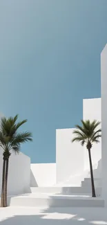 Minimalistic wallpaper featuring palm trees and white buildings under a blue sky.