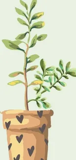 Minimalist wallpaper with a cute potted plant in earthy tones on a light green background.