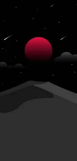 Minimalist wallpaper with red moon and dark landscape.