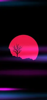 Minimalist wallpaper of a red sun with tree silhouette.