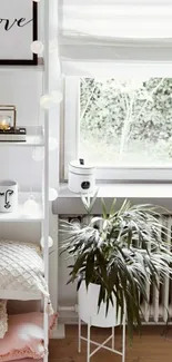 Minimalist Scandinavian room decor with greenery and soft textiles.