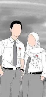 Minimalist illustration of students in school uniforms with gray background.