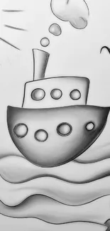 Minimalistic grayscale ship illustration with ocean waves.