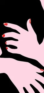 Minimalist black silhouette art with pink background and red-accented hands.