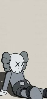 Minimalist gray character sitting on a beige background, featuring a skull head design.