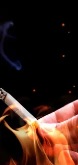 Hand holding a lit cigarette against a black background with rising smoke.