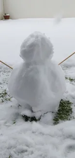 Minimalist snowman on snowy grass in winter.