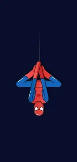 Animated superhero in red and blue suit hanging upside down on a dark background.