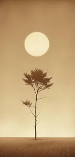 Minimalist tree under round sun on sepia background.