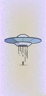 Minimalist UFO hovering above a small figure on beige background.