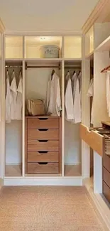 Minimalist wardrobe with neutral decor and wooden accents.