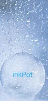 Mobile wallpaper with water droplets on a light blue glass surface.