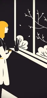 Minimalist silhouette of a woman gazing out a window with subtle yellow and black hues.