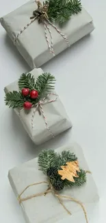 Minimalist mobile wallpaper with wrapped gifts and pine branches.