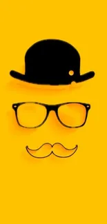 Minimalist yellow wallpaper with black hat, glasses, mustache design.