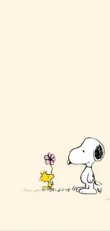 Minimalistic cartoon wallpaper with a dog and bird in pastel beige background.