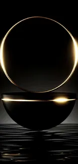 Elegant gold ring on black wallpaper with water reflection.