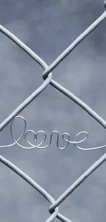 Minimalistic wire word 'love' on a blue-gray fence background.