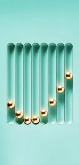 Minimalistic teal wallpaper with golden spheres design.