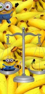 Minion balancing on scales with bananas background.