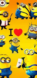 Vibrant Minion characters mobile wallpaper with yellow background.