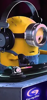 Minion DJ with headphones spinning records.